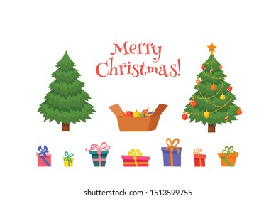 Christmas greetings decorative vector set with xmas objects - fir tree, gift boxes, balls, garlands, socks, isolated on white background illustration. Flat cartoon style collection for holiday design.