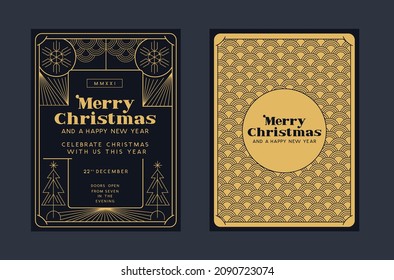 Christmas greetings design background with 1920's and 1930's art deco style gold detailing. Festive frame vector illustration.