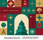 Christmas greetings design template vector, illustration. Merry Christmas, modern design in simple geometric style in blue-green, red and yellow colors for greeting cards, sales, banner, printing.