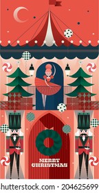 christmas greetings design template vector, illustration with nutcrackers and sugar plum fairy