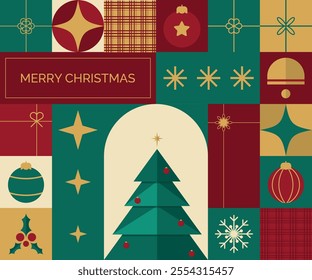 Christmas greetings design template vector, illustration. Merry Christmas, modern design in simple geometric style in blue-green, red and yellow colors for greeting cards, sales, banner, printing.