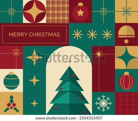 Christmas greetings design template vector, illustration. Merry Christmas, modern design in simple geometric style in blue-green, red and yellow colors for greeting cards, sales, banner, printing.