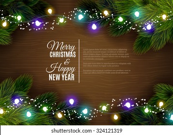 Christmas greetings with fair light decorations and fir branches border against dar wooden background abstract vector illustration