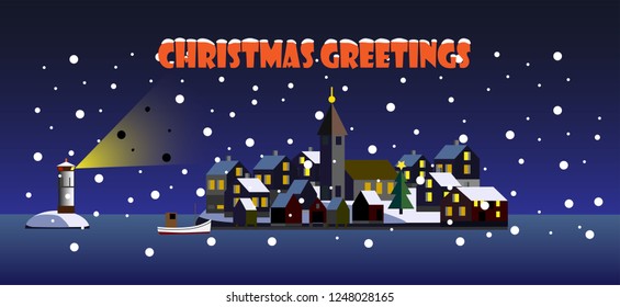 Christmas Greetings from a fishing village in the Sweden west coast archipelago, vector illustratation.