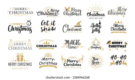 Christmas greetings flat vector stickers set. Xmas wishes elegant black and gold lettering. Merry Christmas messages, festive phrases with decorative winter symbols. New Year postcard design elements.