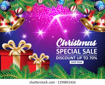 CHRISTMAS GREETINGS with gold bell and gift box design illustration