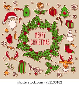 Christmas greetings hand drawn doodle wreath. Santa, spruce tree, reindeer, snowman, snowflakes, gifts, decorations, holly, candle, stars. Vector winter holiday illustration.