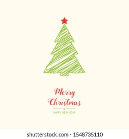 Christmas greetings with hand drawn tree. Vector.