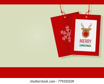 Christmas greetings with hanging cards, snowflake, deer. Vector illustration.
