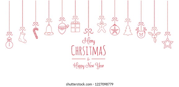 Christmas greetings with hanging decorations. Vector.
