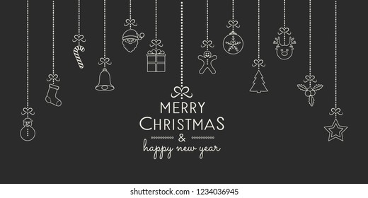 Christmas greetings with hanging decorations. Vector.