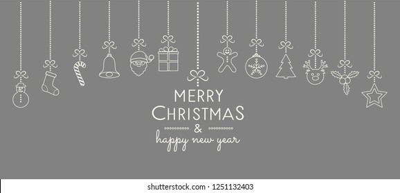 Christmas greetings with hanging decorations. Vector.
