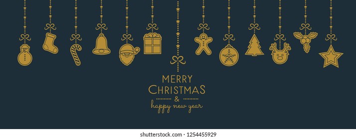 Christmas greetings with hanging decorations. Vector.