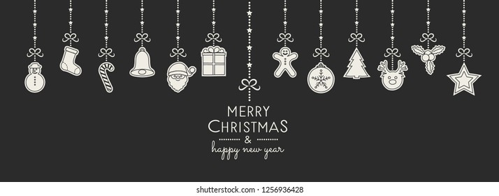 Christmas greetings with hanging decorations. Vector.