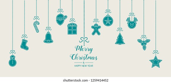 Christmas greetings with hanging decorations. Vector.