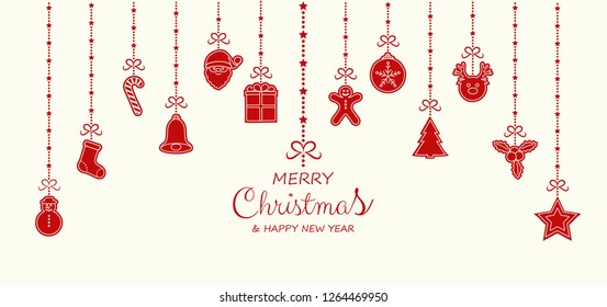 Christmas greetings with hanging decorations. Vector.