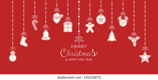 Christmas greetings with hanging decorations. Vector.