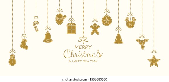 Christmas greetings with hanging decorations. Vector.