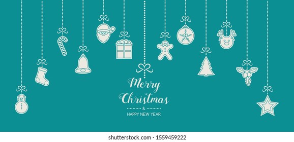 Christmas greetings with hanging decorations. Vector.