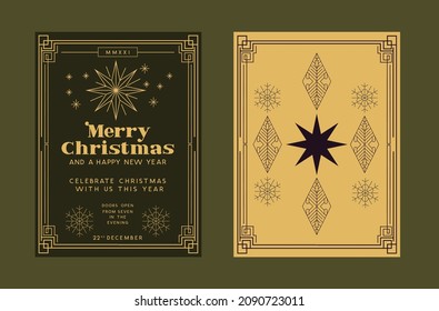 Christmas greetings invite design background with 1920's and 1930's art deco style gold detailing. Festive frame vector illustration.