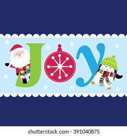 Christmas greetings with joy letter and cute Santa and penguin