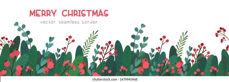 Christmas Greetings With Mistletoe Twigs Vector Seamless Border. Traditional Winter Season Events Botanic Decor. Holiday Wishes Lettering. Green Branches, Red Berries Festival Banner Design Element