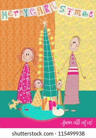 Christmas Greetings - Mom, dad and their two kids, along with a puppy and a cat wishing you a very Merry Christmas; Colorful doodle style holiday greeting, made to resemble children drawing