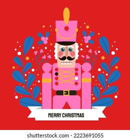 Christmas greetings with Nutcracker and wreath. Doll guard. Cute soldier toy. December Ballet party. Creative Merry Xmas invitation. Happy New Year. Winter holidays on red. Vector.