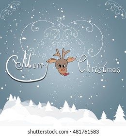 Christmas greetings on a gray background with a funny deer .