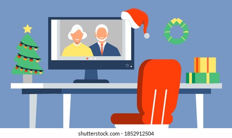 Christmas greetings online in quarantine, social distancing. Invitation in video call. Xmas tree on the table. Happy family concept vector.