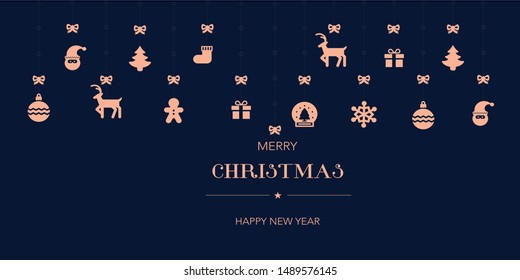 christmas greetings ornament elements hanging blue background.