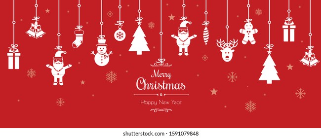 Christmas greetings ornament elements hanging in red background. Merry christmas.