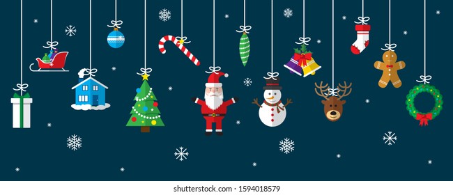 Christmas greetings ornament elements hanging in blue background in vector illustration.