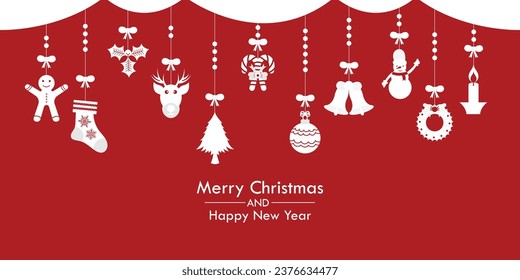 Christmas greetings ornament elements hanging red background