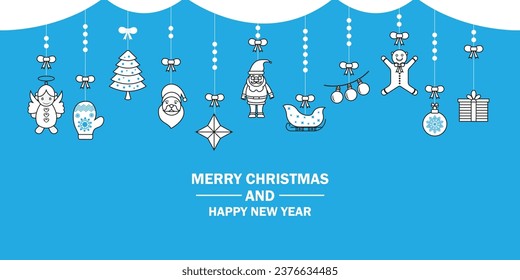Christmas greetings ornament elements hanging blue background