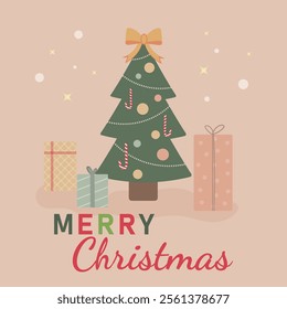 Christmas greetings in pastel colors, a Christmas tree with gifts and the inscription Merry Christmas