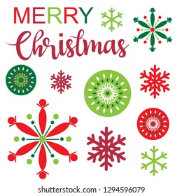 Christmas greetings with red and green color snowflakes