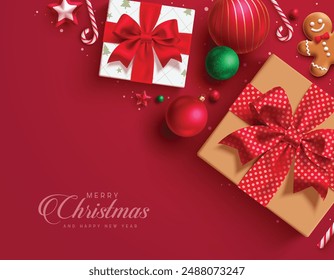 Navidades saludos diseño de fondo de Vector rojo. Feliz Navidad y feliz año nuevo texto con cajas de regalo, bolas de Navidad, bastón de caramelo, estrellas y Elementos de pan de jengibre en elegante fondo rojo. Vector 