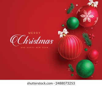 Christmas greetings red vector background  design. Merry christmas and happy new year text with xmas balls, fir leaves, stars, and spruce leaves elements in red elegant background. Vector illustration