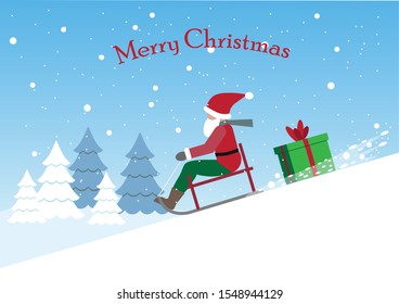 Christmas greetings with a Santa on a sledge going down a hill with a christmas gift. Vector Illustration.