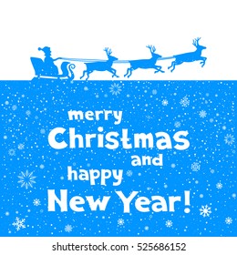 The Christmas Greetings from Santa which flies to give gifts. Blue silhouette of blast off sleigh on white background