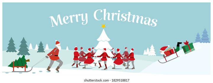 Christmas Greetings. Santas dancing around a christmas tree in a snowy landscape. Santa pulling a sleigh with a christmas tree. Santa Claus sliding down on a sledge with a christmas gift behind. 