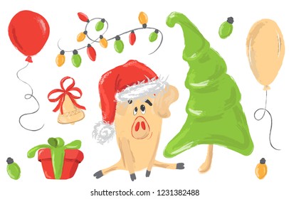 Christmas greetings set with decorative winter elements - garland, pine tree, gift box, baloon, cute pig, toy on white background