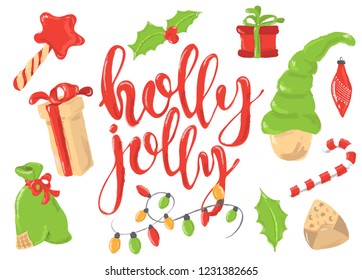 Christmas greetings set with decorative winter elements - garland, pine tree, gift box, star, lettering quote Holly Jolly on white background