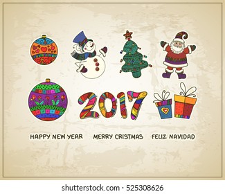 Christmas greetings set. Decorative winter holidays objects. Xmas balls, decorated fir tree, cute snowman, happy santa claus, gift boxes, 2017 text, happy New Year, Merry Christmas, Feliz navidad type