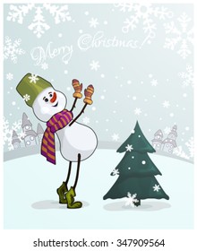 Christmas greetings with snowman and Christmas tree