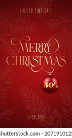 Christmas Greetings Social Media Poster or Post Card Layout with Hand Drawn Spruce Pine Branches Background and Modern Swooshed Typography Gold Letters. Classy Red Background with Realistic Bauble.