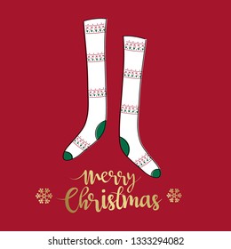 Christmas greetings with Christmas socks on red background