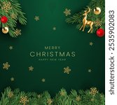 Christmas greetings vector background design. Christmas greeting text with pine tree, candy cane and gift boxes ornaments and decoration elements in red elegant background.
