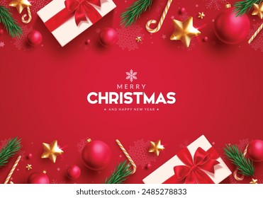 Christmas greetings vector background design. Merry christmas greeting text in red background with gift box, spruce, xmas balls, gold stars and candy cane for holiday season. Vector illustration 